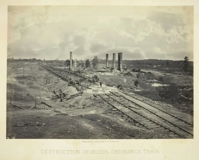 Framed Print : Destruction of Hoods Ordinance Train, 1864. Creator: George N. Barnard Framed Print : Destruction of Hoods Ordinance Train, 1864. Creator: George N. Barnard