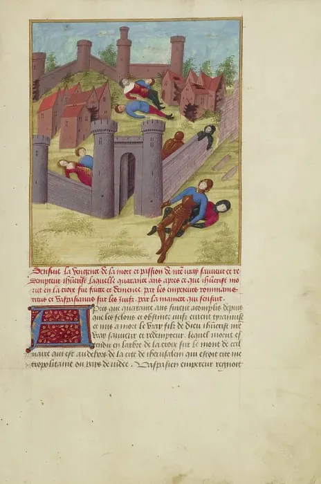 Framed Print : The Destruction of Jerusalem; La Passion de nostre seigneur ihesus christ, about 1480-1490. Creators: Master of Guillaume Lambert, Workshop of Master of Guillaume Lambert Framed Print : The Destruction of Jerusalem; La Passion de nostre seigneur ihesus christ, about 1480-1490. Creators: Master of Guillaume Lambert, Workshop of Master of Guillaume Lambert