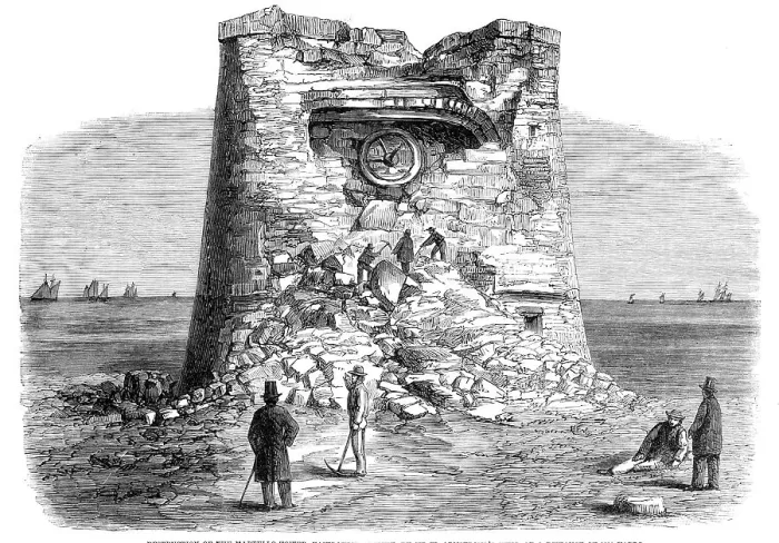 Framed Print : Destruction of the Martello Tower, Eastbourne, Sussex, by Sir W. Armstrong's guns, at a... 1860. Creator: Unknown Framed Print : Destruction of the Martello Tower, Eastbourne, Sussex, by Sir W. Armstrong's guns, at a... 1860. Creator: Unknown