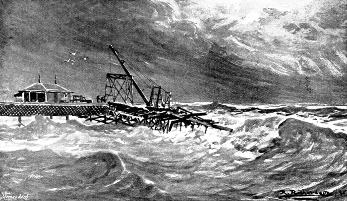 Framed Print : Destruction of the new part of Sandown Pier during a gale, 1895. Creator: George Meisenbach Framed Print : Destruction of the new part of Sandown Pier during a gale, 1895. Creator: George Meisenbach