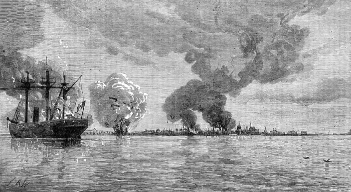 Framed Print : Destruction of the Peruvian fleet by the Peruvians before evacuating Callao, 1881. Creator: Unknown