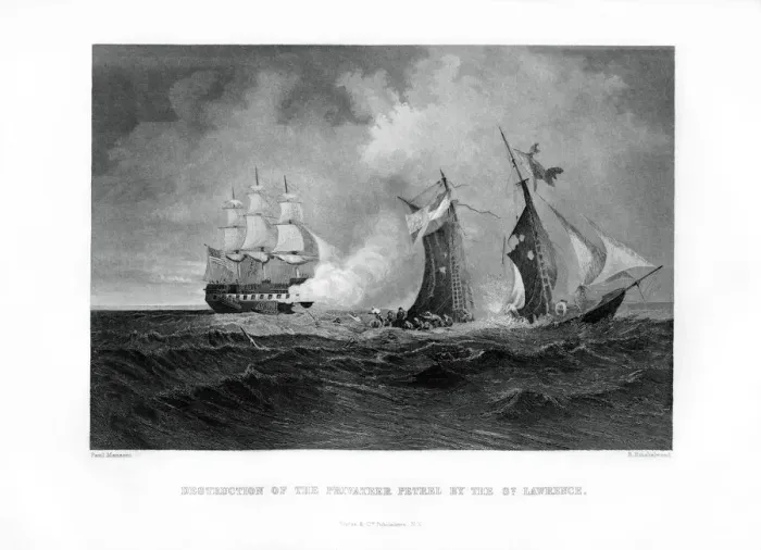 Framed Print : Destruction of the privateer Petrel by the St Lawrence, 28 July 1861, (1862-1867). Artist: R Hinshelwood Framed Print : Destruction of the privateer Petrel by the St Lawrence, 28 July 1861, (1862-1867). Artist: R Hinshelwood