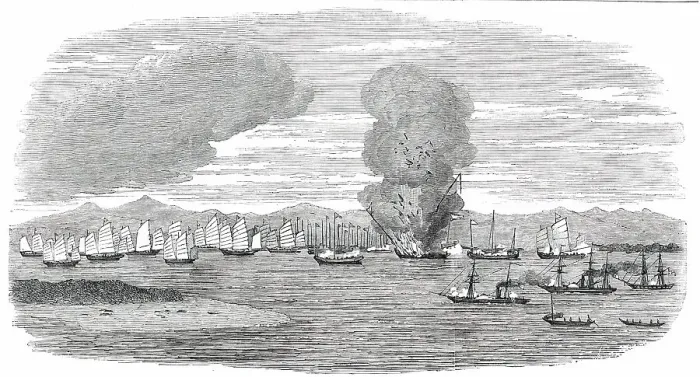 Framed Print : Destruction of Shap-'Ng-Tsai's Piratical Fleet, by the British, in the Gulf of Tonquin, 1850. Creator: Unknown Framed Print : Destruction of Shap-'Ng-Tsai's Piratical Fleet, by the British, in the Gulf of Tonquin, 1850. Creator: Unknown