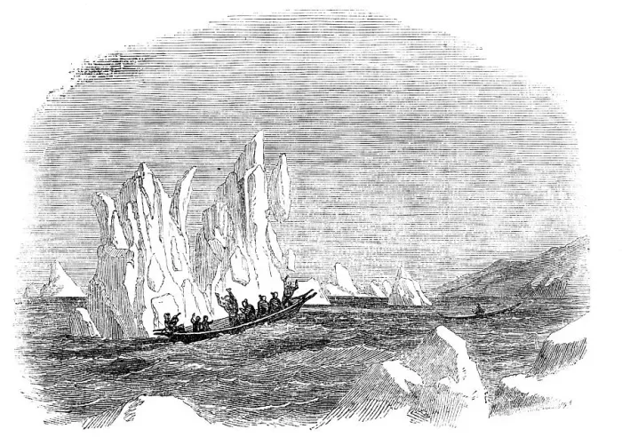Framed Print : Destruction of a Skin-Boat by the Falling of an Iceberg, 1856. Creator: Unknown Framed Print : Destruction of a Skin-Boat by the Falling of an Iceberg, 1856. Creator: Unknown