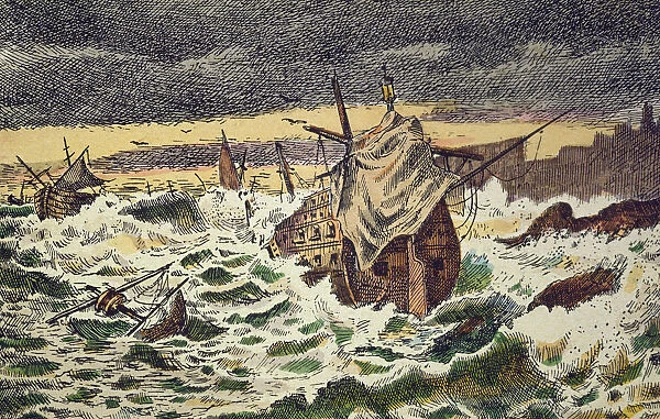 Destruction by the storms of the Spanish Armada, sent by King Philip II against England in 1588
