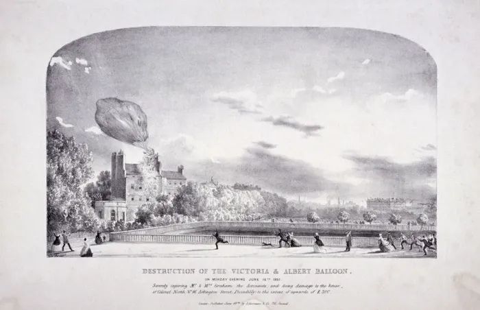Framed Print : Destruction of the Victoria & Albert Balloon, Arlington St, Westminster, London, 1851 Framed Print : Destruction of the Victoria & Albert Balloon, Arlington St, Westminster, London, 1851