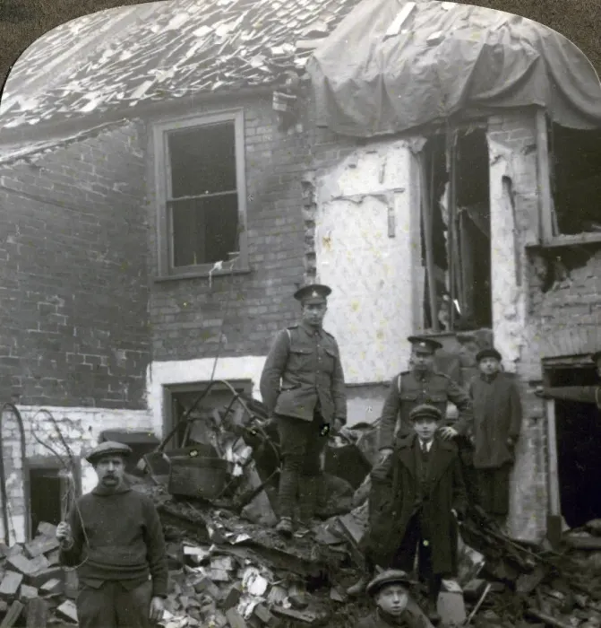 Framed Print : Destruction wrought by German Zeppelin bombs, World War I, 1914-1918. Artist: Realistic Travels Publishers Framed Print : Destruction wrought by German Zeppelin bombs, World War I, 1914-1918. Artist: Realistic Travels Publishers