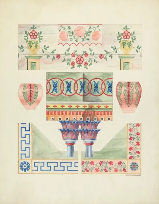 Framed Print : Details of Painted Decorations on Reredos and Walls, 1937. Creator: Randolph F Miller Framed Print : Details of Painted Decorations on Reredos and Walls, 1937. Creator: Randolph F Miller