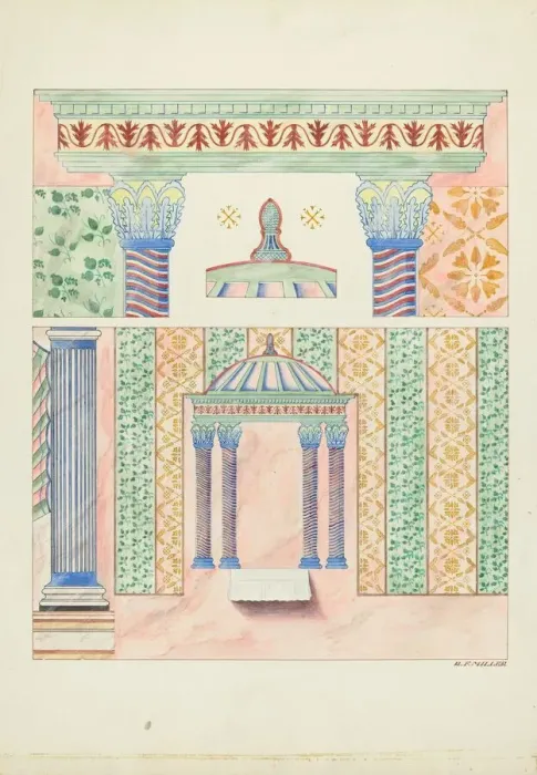 Framed Print : Details of Wall Paintings, Side Wall of Sanctuary, 1935 / 1939. Creator: Randolph F Miller Framed Print : Details of Wall Paintings, Side Wall of Sanctuary, 1935 / 1939. Creator: Randolph F Miller