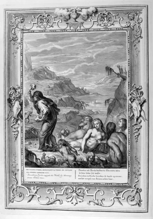 Framed Print : Deucalion and Pyrrha repeople the world by throwing stones behind them, 1733. Artist: Bernard Picart Framed Print : Deucalion and Pyrrha repeople the world by throwing stones behind them, 1733. Artist: Bernard Picart