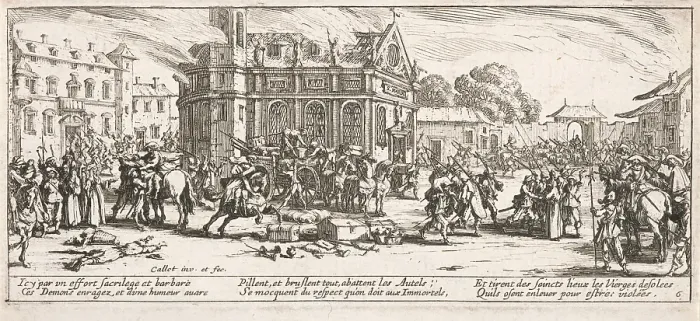 Framed Print : Devastation d'un monastere (Destroying a Monastery), 1633. Creator: Jacques Callot. Devastation d'un monastere (Destroying a Monastery), 1633. Creator: Jacques Callot