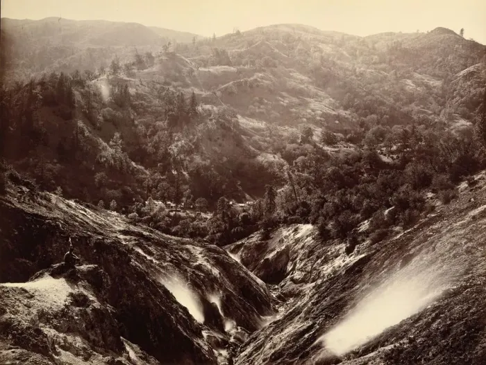 Framed Print : Devil's Canyon, Geysers, Looking Down, 1868-70. Creator: Carleton Emmons Watkins Framed Print : Devil's Canyon, Geysers, Looking Down, 1868-70. Creator: Carleton Emmons Watkins