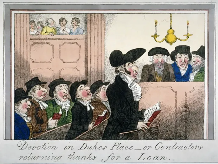 Framed Print : Devotion in Dukes Place or contractors returning thanks for a loan, c1818. Artist Framed Print : Devotion in Dukes Place or contractors returning thanks for a loan, c1818. Artist