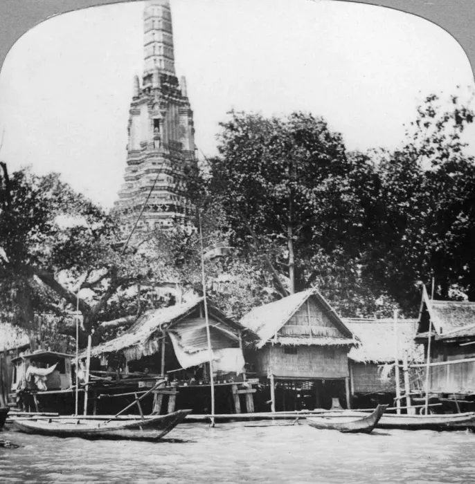 Framed Print : Dhows and houses on the Chao Phraya River, Bangkok, Thailand, 1900s Framed Print : Dhows and houses on the Chao Phraya River, Bangkok, Thailand, 1900s