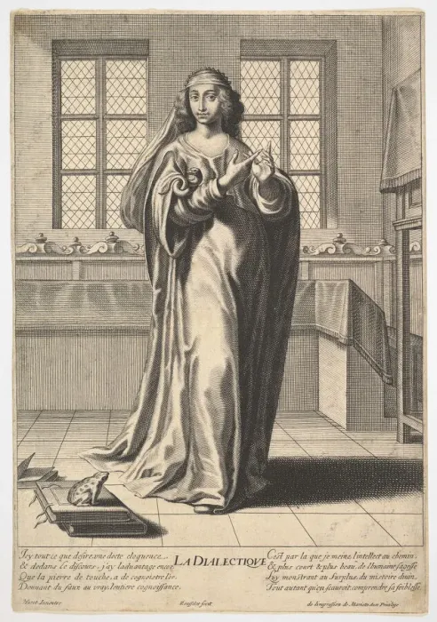 Framed Print : Dialectic: a young woman standing in a decorated interior and touching her right index Framed Print : Dialectic: a young woman standing in a decorated interior and touching her right index