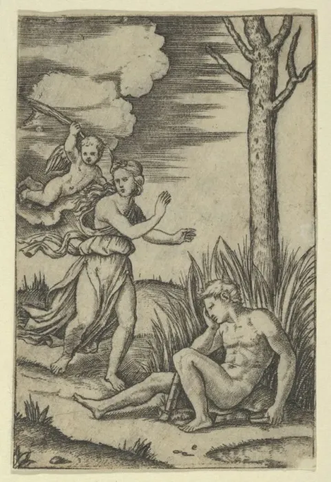 Framed Print : Diana followed by cupid at left, Endymion at right, ca. 1500-1534. Creator: Marcantonio Raimondi Framed Print : Diana followed by cupid at left, Endymion at right, ca. 1500-1534. Creator: Marcantonio Raimondi