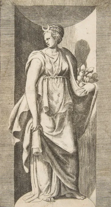 Framed Print : Diana holding fruit in her left hand standing within a niche, ca. 1531-76 Framed Print : Diana holding fruit in her left hand standing within a niche, ca. 1531-76
