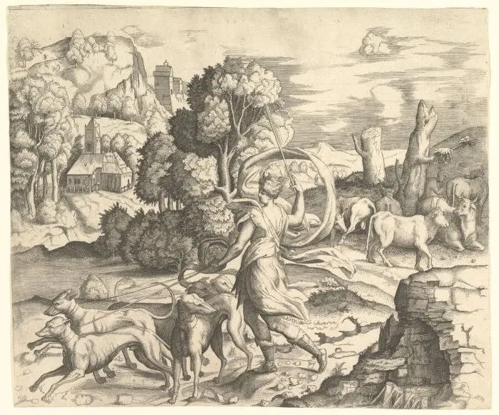 Framed Print : Diana the Huntress in a Landscape, ca. 1530-42. Creator: Vincenzo Caccianemici Framed Print : Diana the Huntress in a Landscape, ca. 1530-42. Creator: Vincenzo Caccianemici