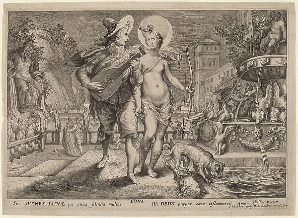 Diana as Luna Accompanying a Young Man Serenading, 1615. Creator: Jacob Matham