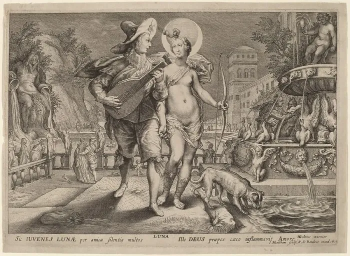 Framed Print : Diana as Luna Accompanying a Young Man Serenading, 1615. Creator: Jacob Matham Framed Print : Diana as Luna Accompanying a Young Man Serenading, 1615. Creator: Jacob Matham