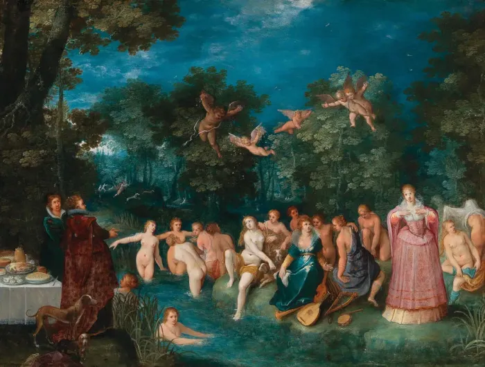Framed Print : Diana and her nymphs bathing, with a stag hunt in the background, ca 1606. Creator: Francken Framed Print : Diana and her nymphs bathing, with a stag hunt in the background, ca 1606. Creator: Francken