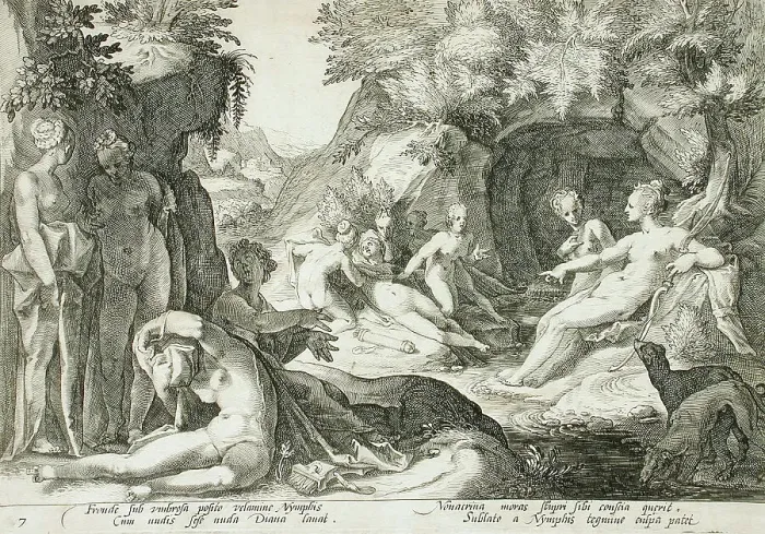 Framed Print : Diana and Her Nymphs Discovering Callisto's Pregnancy, published 1590. Creator: Hendrik Goltzius Framed Print : Diana and Her Nymphs Discovering Callisto's Pregnancy, published 1590. Creator: Hendrik Goltzius