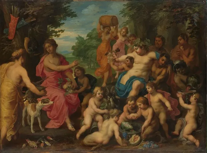 Framed Print : Diana Offered Wine and Fruit by Bacchus and his Retinue, c.1617-1625. Creator: Hendrick van Balen Framed Print : Diana Offered Wine and Fruit by Bacchus and his Retinue, c.1617-1625. Creator: Hendrick van Balen