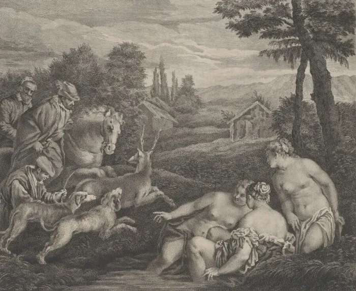 Framed Print : Diane et Acteon changeen Cerf, ca. 1742. Creator: Etienne Fessard