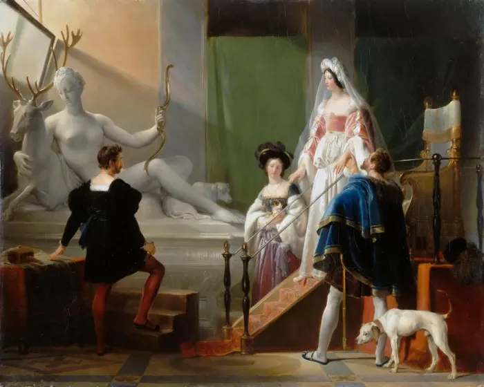 Framed Print : Diane de Poitiers Visiting Jean Goujon. Artist: Fragonard, Alexandre-Evariste (1780-1850) Framed Print : Diane de Poitiers Visiting Jean Goujon. Artist: Fragonard, Alexandre-Evariste (1780-1850)