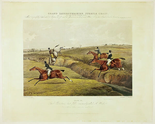 Dick Christian's Last Fall, from Grand Leicestershire Steeplechase, published 1830. Creator: Charles Bentley