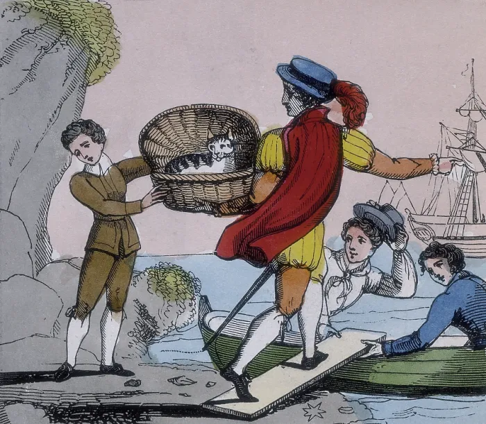 Framed Print : Dick Whittington handing over his cat to the captain of a ship, 1845. Creator: Unknown Framed Print : Dick Whittington handing over his cat to the captain of a ship, 1845. Creator: Unknown