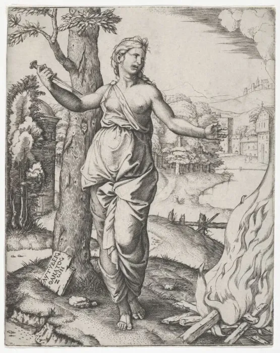Framed Print : Dido holding a dagger in her right hand, left arm outstreched, ca. 1510. Creator: Marcantonio Raimondi Framed Print : Dido holding a dagger in her right hand, left arm outstreched, ca. 1510. Creator: Marcantonio Raimondi