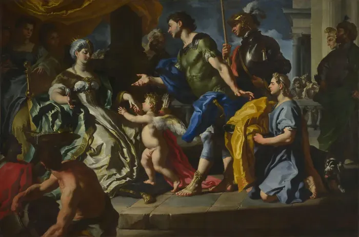 Framed Print : Dido receiving Aeneas and Cupid disguised as Ascanius, 1710. Creator: Solimena, Francesco (1657-1747) Framed Print : Dido receiving Aeneas and Cupid disguised as Ascanius, 1710. Creator: Solimena, Francesco (1657-1747)