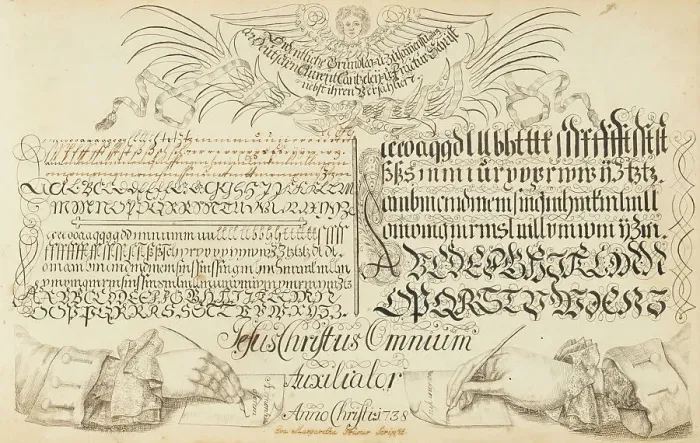 Framed Print : Die offene Schreib-Schule (The open writing school), 1738-1745. Creator: Grüner; Eva Margaretha (1721-1760)