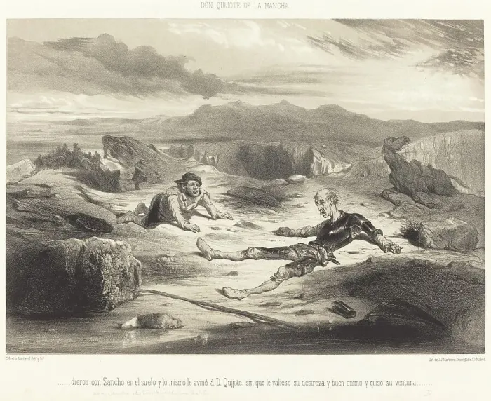 Framed Print : dieron con Sancho en el suelo y lo mismo le avinó d D. Quixote... c. 1855. Creator: Célestin Nanteuil Framed Print : dieron con Sancho en el suelo y lo mismo le avinó d D. Quixote... c. 1855. Creator: Célestin Nanteuil
