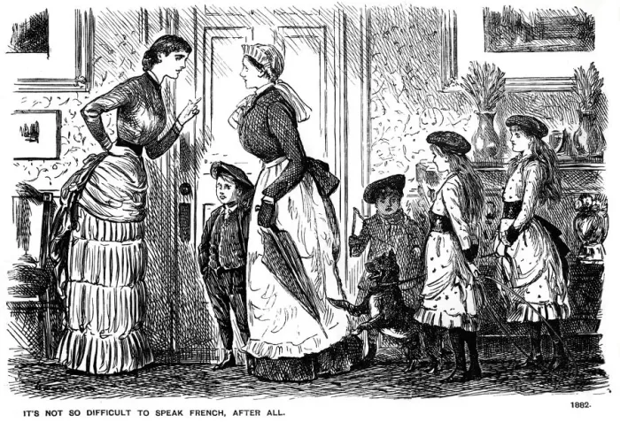 Framed Print : Its not so difficult to speak French, after all, 1882 (1891). Artist: George du Maurier Framed Print : Its not so difficult to speak French, after all, 1882 (1891). Artist: George du Maurier