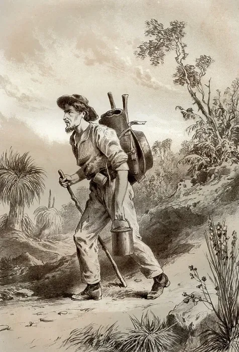 Framed Print : Digger on the tramp, Australia, 1879. Artist: McFarlane and Erskine Framed Print : Digger on the tramp, Australia, 1879. Artist: McFarlane and Erskine