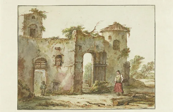 Framed Print : Dilapidated building with a wood-gatherer on the right, 1782-1837. Creator: Pieter Bartholomeusz. Barbiers Framed Print : Dilapidated building with a wood-gatherer on the right, 1782-1837. Creator: Pieter Bartholomeusz. Barbiers