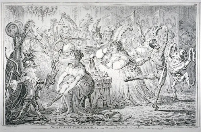 Framed Print : Dilettanti-theatricals; or a peep at the Green Room, 1803. Artist: James Gillray Framed Print : Dilettanti-theatricals; or a peep at the Green Room, 1803. Artist: James Gillray