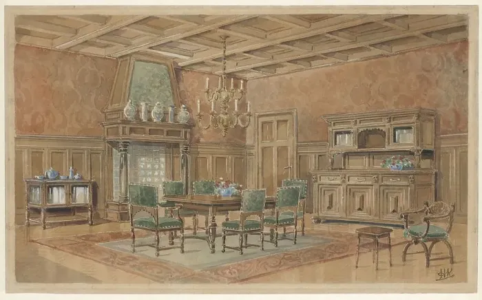 Framed Print : Dining room with chimney in Renaissance style, c.1925. Creator: Monogrammist HK Framed Print : Dining room with chimney in Renaissance style, c.1925. Creator: Monogrammist HK