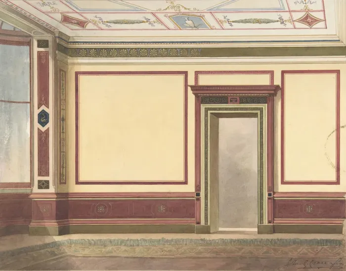 Framed Print : Dining Room Elevation in a Simplified Third Pompeian Style, ca. 1870-90 Framed Print : Dining Room Elevation in a Simplified Third Pompeian Style, ca. 1870-90