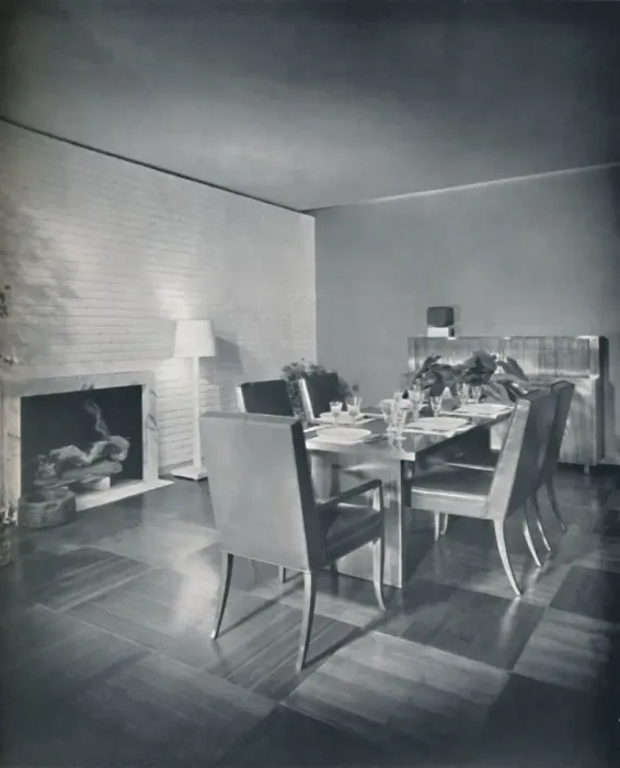 Framed Print : Dining-room furniture with leather-upholstered chairs designed by T. H. Robsjohn-Gibbings Framed Print : Dining-room furniture with leather-upholstered chairs designed by T. H. Robsjohn-Gibbings