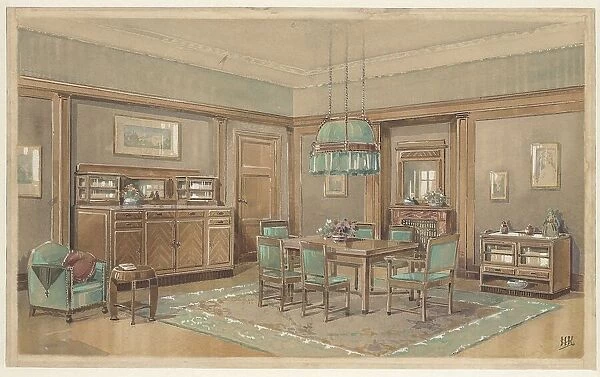 Dining room with green track on top along the walls, c.1925. Creator: Monogrammist HK