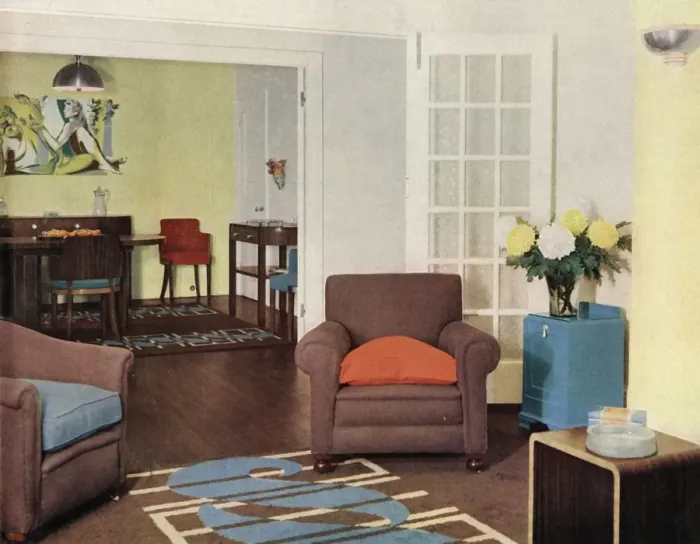 Framed Print : Dining-room and lounge in a reconstructed London apartment for Mrs