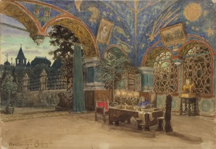 Framed Print : Dining room of Prince Vasily Golitsyn. Stage design for the opera Khovanshchina by M. Musorgsky, 1897. Artist: Vasnetsov, Appolinari Mikhaylovich (1856-1933) Framed Print : Dining room of Prince Vasily Golitsyn. Stage design for the opera Khovanshchina by M. Musorgsky, 1897. Artist: Vasnetsov, Appolinari Mikhaylovich (1856-1933)