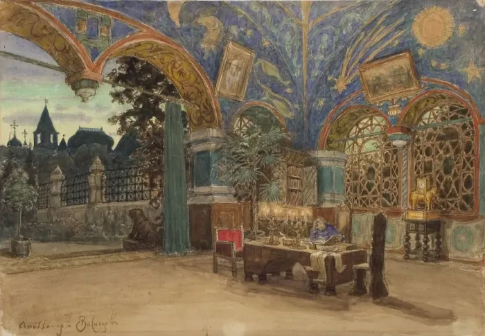 Framed Print : Dining room of Prince Vasily Golitsyn. Stage design for the opera Khovanshchina by M. Musorgsky, 1897. Artist: Vasnetsov, Appolinari Mikhaylovich (1856-1933) Framed Print : Dining room of Prince Vasily Golitsyn. Stage design for the opera Khovanshchina by M. Musorgsky, 1897. Artist: Vasnetsov, Appolinari Mikhaylovich (1856-1933)
