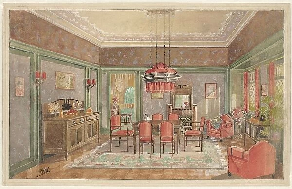 Dining room with red chairs, c.1925. Creator: Monogrammist HK