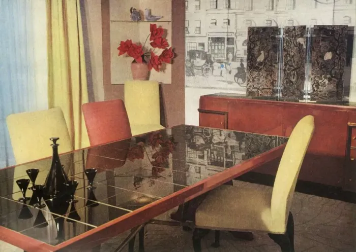 Framed Print : Dining-room in sang-de-boeuf lacquer, by Hayes Marshall for Fortnum & Mason Ltd Framed Print : Dining-room in sang-de-boeuf lacquer, by Hayes Marshall for Fortnum & Mason Ltd