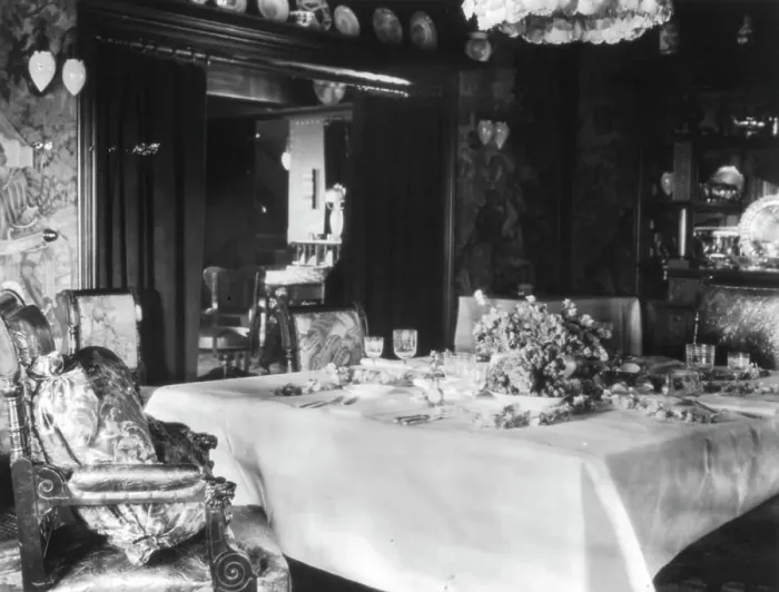 Framed Print : Dining room with table setting for four, Mrs. Phoebe Apperson Hearst's home...California, 1920s Creator: Frances Benjamin Johnston Framed Print : Dining room with table setting for four, Mrs. Phoebe Apperson Hearst's home...California, 1920s Creator: Frances Benjamin Johnston