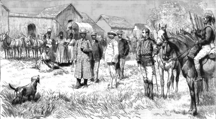Framed Print : Dinizulu, Undabuko and Chingwao, the Exiled Zulu Chiefs, leaving the Goal at Eshowe... 1890. Creator: Unknown Framed Print : Dinizulu, Undabuko and Chingwao, the Exiled Zulu Chiefs, leaving the Goal at Eshowe... 1890. Creator: Unknown